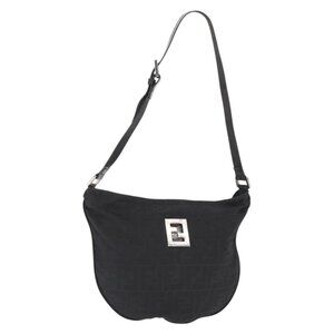 Authentic FENDI Zucca Canvas Shoulder Bag Black Silver